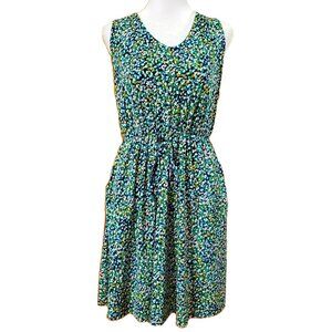 Betsey's Boutique Shop Green Spotted Sleeveless Dress Sz Small Pockets Tie Waist